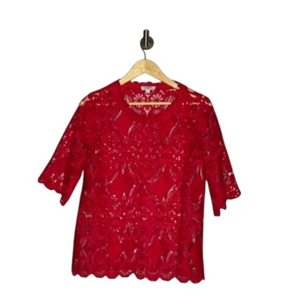 Umgee‎ Red Crochet Lace Blouse Women's Medium Scalloped Hem